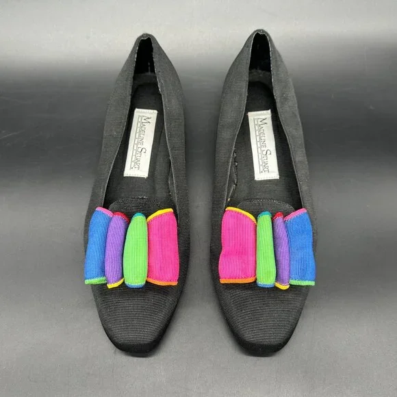Vintage Womens Flats Shoes Madeline Stuart 1990s Size 6 Black Colorful Bow - Picture 2 of 11